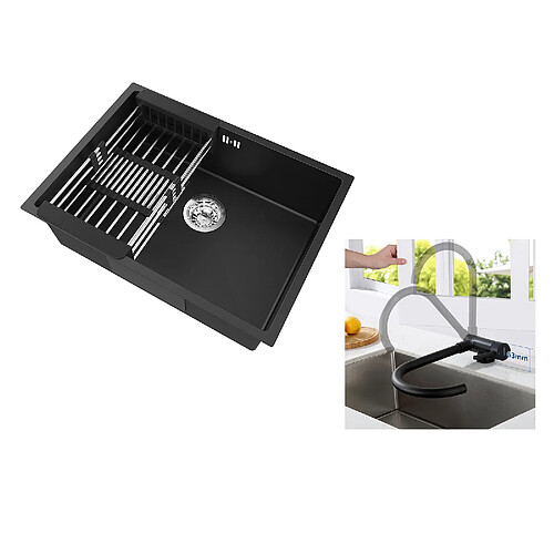 Auralum MAX Évier Cuisine 1 Bac 60*44*20CM,inox,à Encastrer avec Panier Drainage,Noir+Mitigeur Cuisine,Acier Inox 304 Rabattable Pivotant 360°,Noir