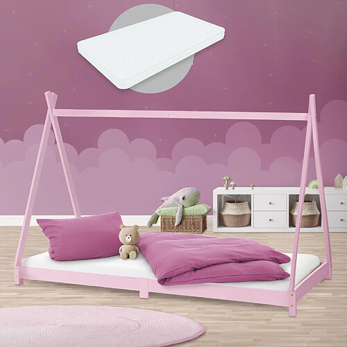 ML-Design Lit Enfant + Matelas Lit Maison Sommier à lattes Tipi Lit Bois Rose 90x200 cm