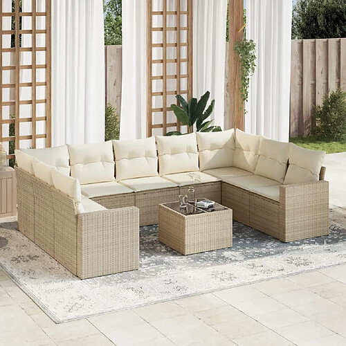 vidaXL Salon de jardin avec coussins 10 pcs beige résine tressée