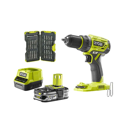 Pack RYOBI Perceuse Visseuse 18V OnePlus Brushless - 1 Batterie LithiumPlus 2,5 Ah 1 Chargeur rapide - R18DD7-0 - Coffret antichocs 40 embouts de vissage - porte-embouts RAK40SD