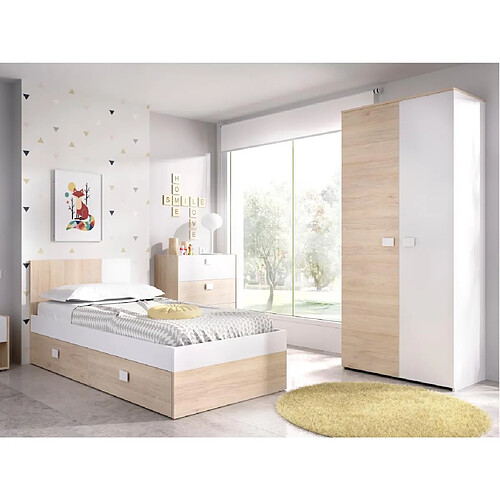 Vente-Unique Lit gigogne 2 x 90 x 190 cm - Coloris : Naturel et blanc + sommier - SONIA