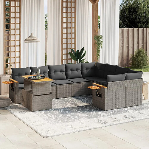 vidaXL Salon de jardin avec coussins 10 pcs gris résine tressée