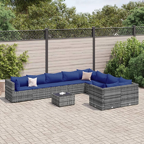 vidaXL Salon de jardin avec coussins 10 pcs gris résine tressée