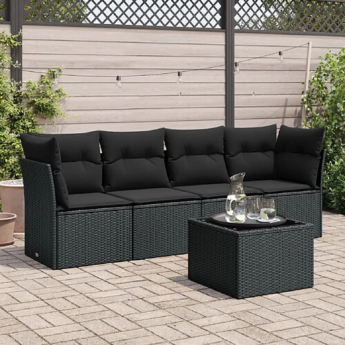 vidaXL Salon de jardin 5 pcs avec coussins noir résine tressée