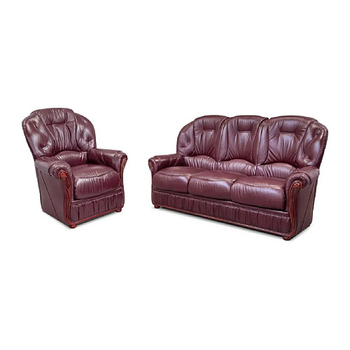 Vente-Unique Canapé 3 places et un fauteuil 100% cuir de buffle DAPHNE - Bordeaux