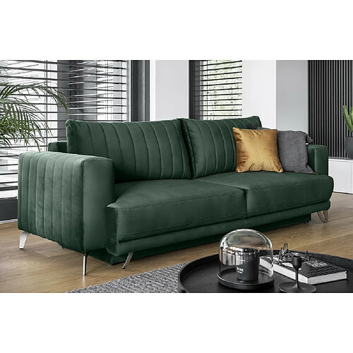 VENESETTI Canapé 3/4 places convertible et espace de rangement - vert foncé - en tissu de qualité luxe, ELSA