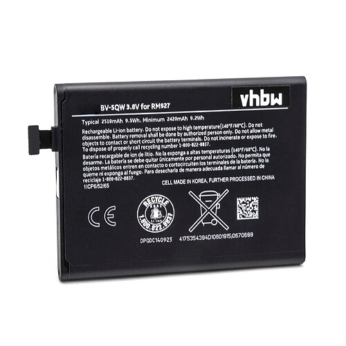 vhbw Li-Ion batterie 2510mAh (3.8V) pour téléphone portable mobil smartphone comme Microsoft / Nokia BV-5QW