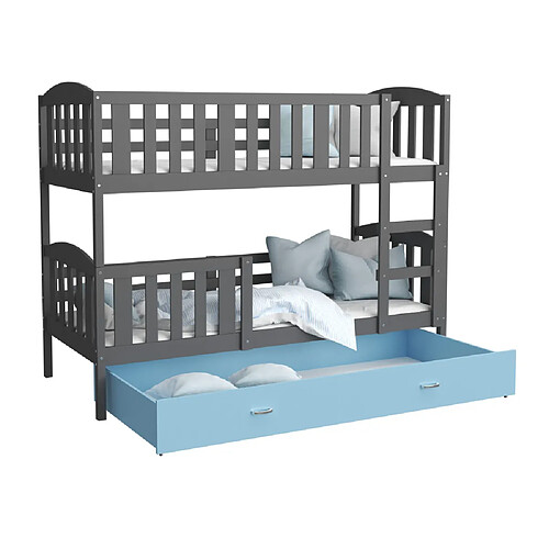 Kids Literie Lit Superposé Teo 90x190 Gris - bleu Livré avec sommiers, tiroir et matelas en mousse de 7cm