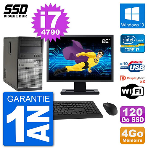 PC Tour Dell 7020 Ecran 22" Intel Core i7-4790 RAM 4Go SSD 120Go Windows 10 Wifi · Occasion