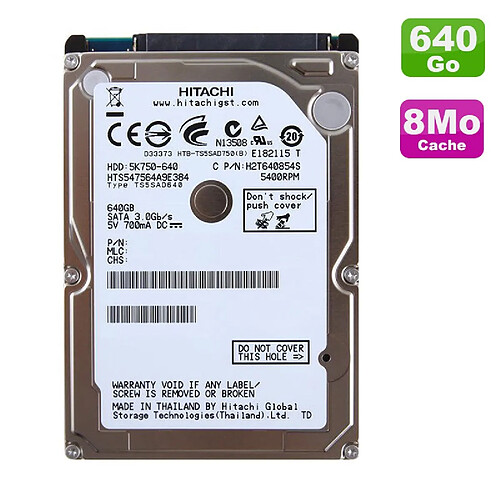 Disque Dur 640Go SATA 2.5" Hitachi HTS547564A9E384 Pc Portable 8Mo · Occasion