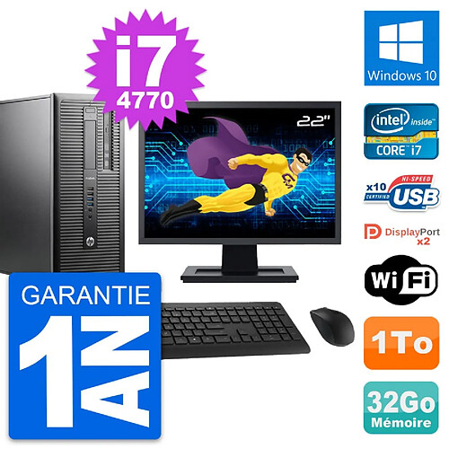 PC Tour HP ProDesk 600 G1 Ecran 22" i7-4770 RAM 32Go Disque 1To Windows 10 Wifi · Occasion