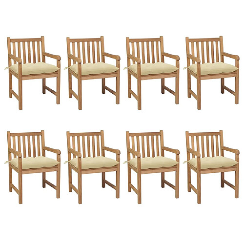 vidaXL Chaises de jardin lot de 8 et coussins blanc crème Teck solide