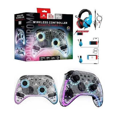 Freaks And Geeks Manette Switch Nintendo /PC Sans Fil Polychroma - Transparente à LED RGB- Câble 1M Fonction Turbo + Casque Switch spirit of gamer