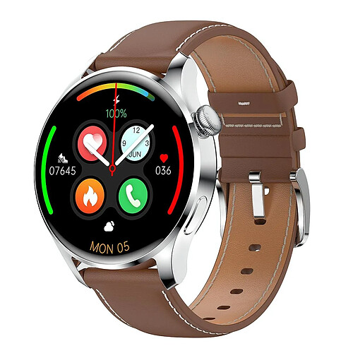 Yonis Montre Connectée IP67 Étanche Cardio Sommeil Bluetooth Musique Cuir Brun