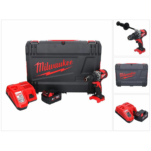 Milwaukee M18 BLPD2-501X Perceuse-visseuse à percussion sans fil 82Nm 18V Brushless + 1x Batterie 5,0 Ah + Chargeur + Coffret HD