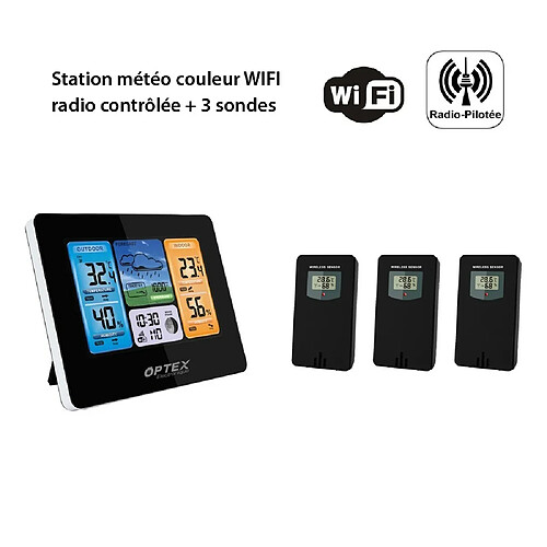 Optex Station météo couleur WIFI radio contrôlée - Intérieure Extérieure, -40 à +70°C Horloge App Portée 60m 3 Sondes extérieures Incluses