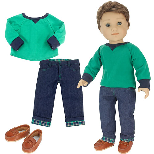 Teamson Kids Sophia’s 3 PCS 18 "Boy Doll Green Top & Jeans Tentime avec des chaussures de poule à poupées