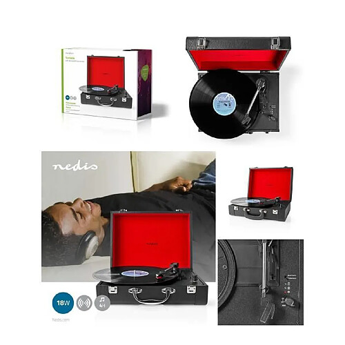 NEDIS Platine Vinyle Bluetooth Courroie Stéréo RCA Bluetooth® 18 W Préamplificateur intégré MD Malette Cuir NOIR ROUGE