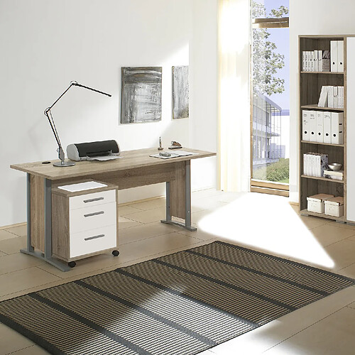 Pegane Table de bureau avec caisson en bois MDF coloris Sonoma, blanc - Longueur 150 x Hauteur 73 x Profondeur 70 cm