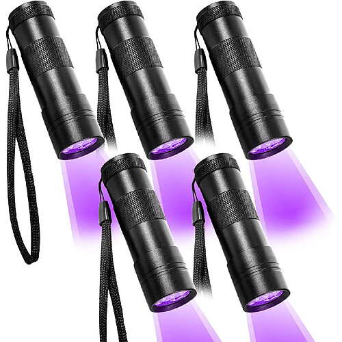 BESTA Lampe torche UV lumière noire Lot de 5 lampes UV avec 12 LED 395 nm Détecteur d'urine pour animaux de compagnie Lampe à main UV pour les taches d'urine séchées de chiens et de chats (comprend 15 piles AAA)