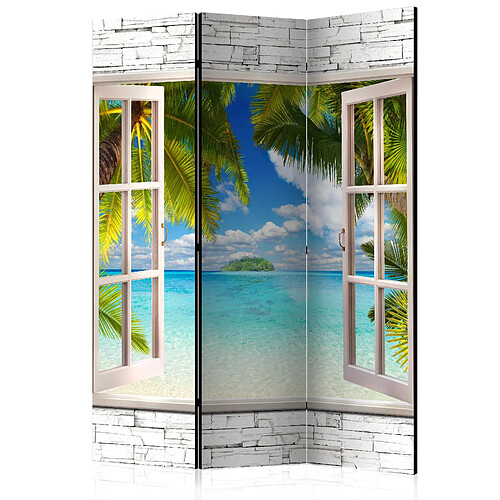 Decoshop26 Paravent 3 volets panneaux cloison séparateur de pièce pliable recto verso Dream Island 135x172 cm PAR110298