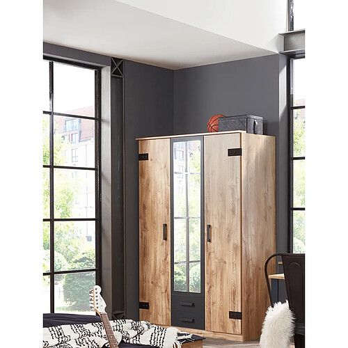 Pegane Armoire Imitation chêne poutre, rechampis graphite - L 135 x H 198 x P 58 cm