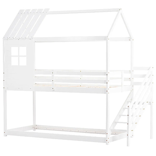 ComfortXL Lit Superposé 200x90cm, Avec Escalier D'Angle, Lit Cabane Avec Garde-Corps et Fenêtres, Pin, Blanc