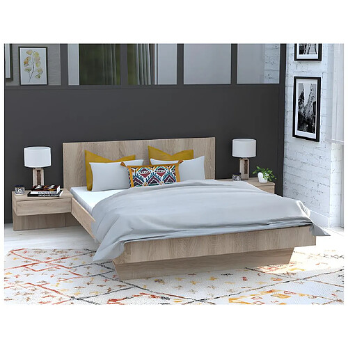 Vente-Unique Lit avec chevets 140 x 190 cm - Coloris : Naturel + Matelas - MARVELLOUS