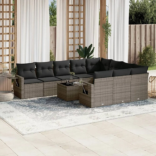 vidaXL Salon de jardin 11 pcs avec coussins gris résine tressée