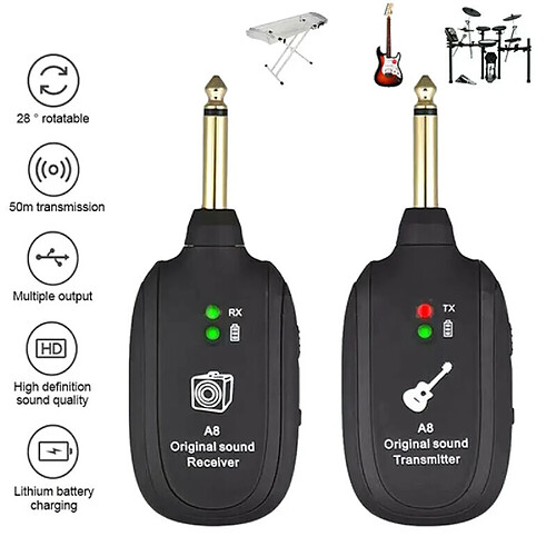 Universal Émetteur de guitare UHF + récepteur Batterie rechargeable intégrée