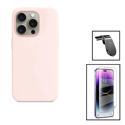 PHONECARE Kit Film Hydrogel Full Cover Avant + Coque Silicone Liquide + Support Magnétique L Safe Driving Voiture pour Apple iPhone 15 Plus - Rose