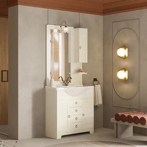 Kiamami Valentina MEUBLE DE SALLE DE BAIN 85CM BLANC DÉCAPÉ AVEC MIROIR ET SUSPENDU | TOSCANA