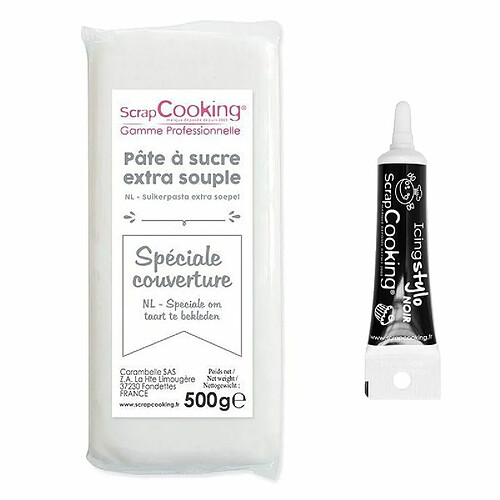 Scrapcooking Pâte à sucre de couverture blanche 500 g + Stylo de glaçage noir