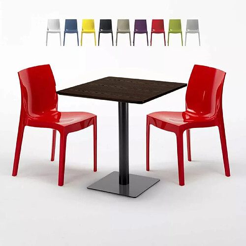 Grand Soleil Table carrée 60x60 pied noir et plateau bois avec 2 chaises colorées Ice Kiss - Rouge