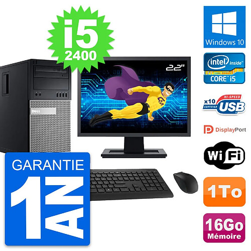 PC Tour Dell 990 Ecran 22" Intel i5-2400 RAM 16Go Disque Dur 1To Windows 10 Wifi · Occasion