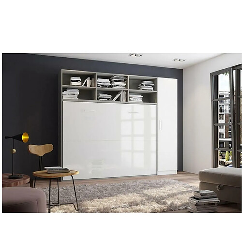 Inside 75 Composition armoire lit horizontale STRADA-V2 gris / blanc mat façade armoire-lit blanc brillant 1 colonne 140*200 cm