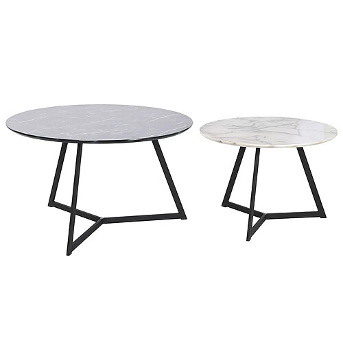 Pegane Set de 2 tables basses en marbre blanc et métal noir