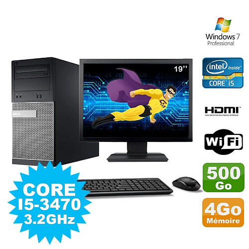 Lot PC Tour DELL 3010 MT I5-3470 Graveur 4Go 500Go HDMI Wifi W7 + Ecran 19" · Occasion