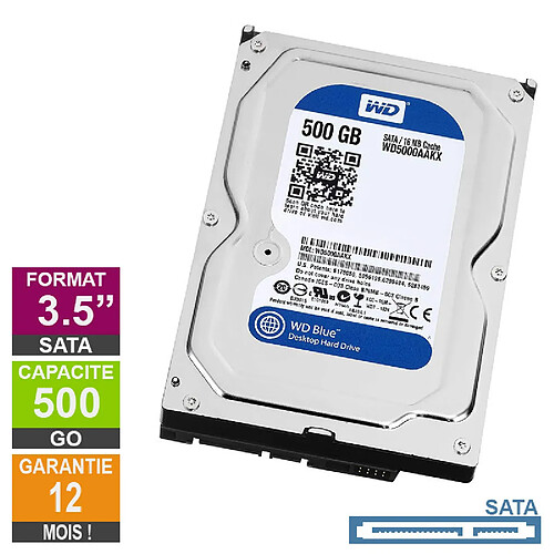 Disque Dur 500Go SATA 3.5 Western Digital Blue WD5000AAKX-603CA0 25mm 7200rpm 16Mo · Reconditionné