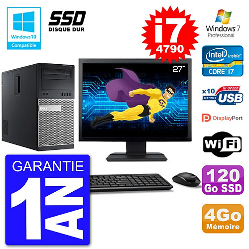 PC Tour DELL 9020 Ecran 27" Core i7-4790 RAM 4Go SSD 120Go Graveur DVD Wifi W7 · Occasion