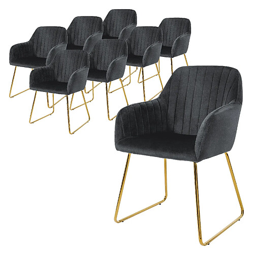 ML-Design Lot de 8 chaises de salle à manger gris assise en velours pieds dorés en métal