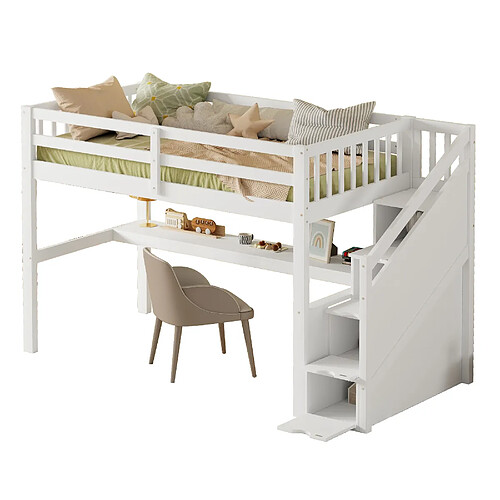 ComfortXL Lit mezzanine enfant 90 x 200 avec tiroirs de rangement et bureau sous le lit, blanc