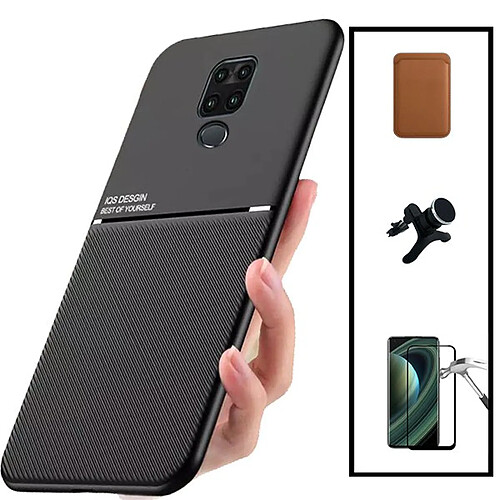 PHONECARE Kit Coque Magnetic Lux + Magentic Wallet Marron + 5D Full Cover + Support de Voiture Magnétique Renforcé - Xiaomi Redmi Note 9