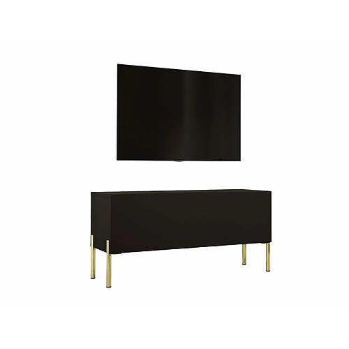 3XELIVING Meuble TV en couleur Noir mat / Noir brillant avec pieds droits en or, D: l : 100 cm, H : 52 cm, P : 32 cm