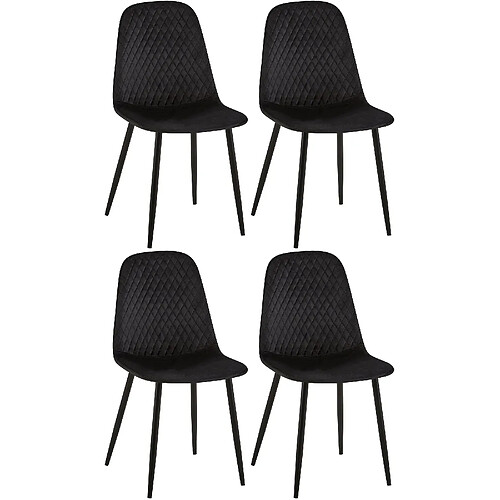 Decoshop26 Lot de 4 chaises de salle à manger coutures décoratives losanges assise en velours noir pieds métal noir mat 10_0001876