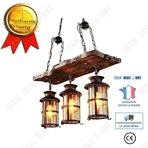 Tech Discount TD® Lustre industriel rétro bar lumière 3 * E27 réglable en hauteur style industriel éclairage en bois massif restaurant lustre