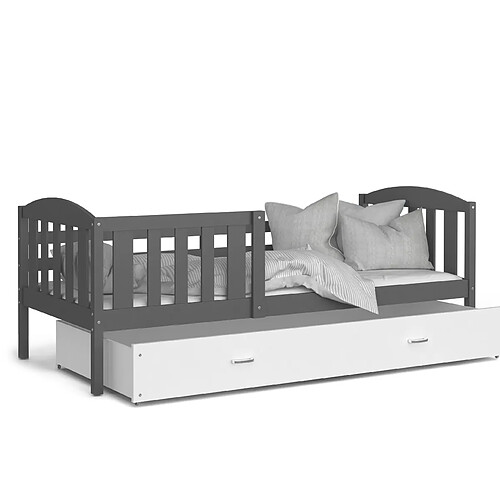 Kids Literie Lit enfant Téo 90x190 gris blanc livré avec tiroir, sommier et matelas en mousse de 7cm offert