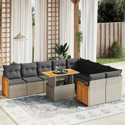 vidaXL Salon de jardin avec coussins 10 pcs gris résine tressée