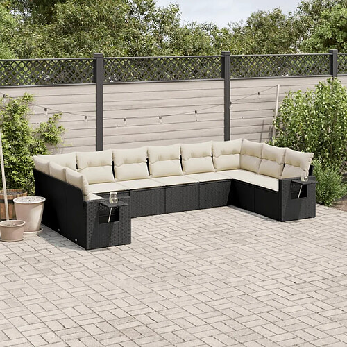 vidaXL Salon de jardin 10 pcs avec coussins noir résine tressée