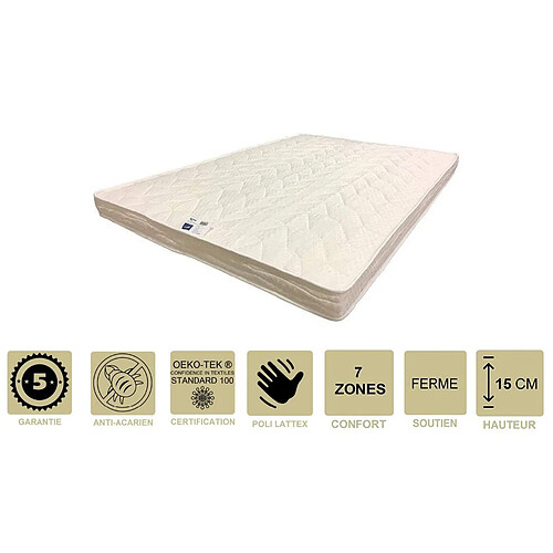 Provence Literie Matelas Ferme avec Latex Naturel Pour Canapé Lit 130x190 x 15 cm - 7 zones de Confort - Ame Poli Lattex HD Haute Résilience - Hypoallergénique